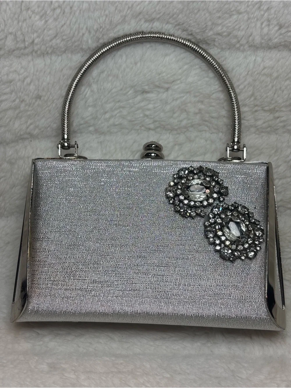 Vintage silver small evening bag with rhinestone flowers Purse